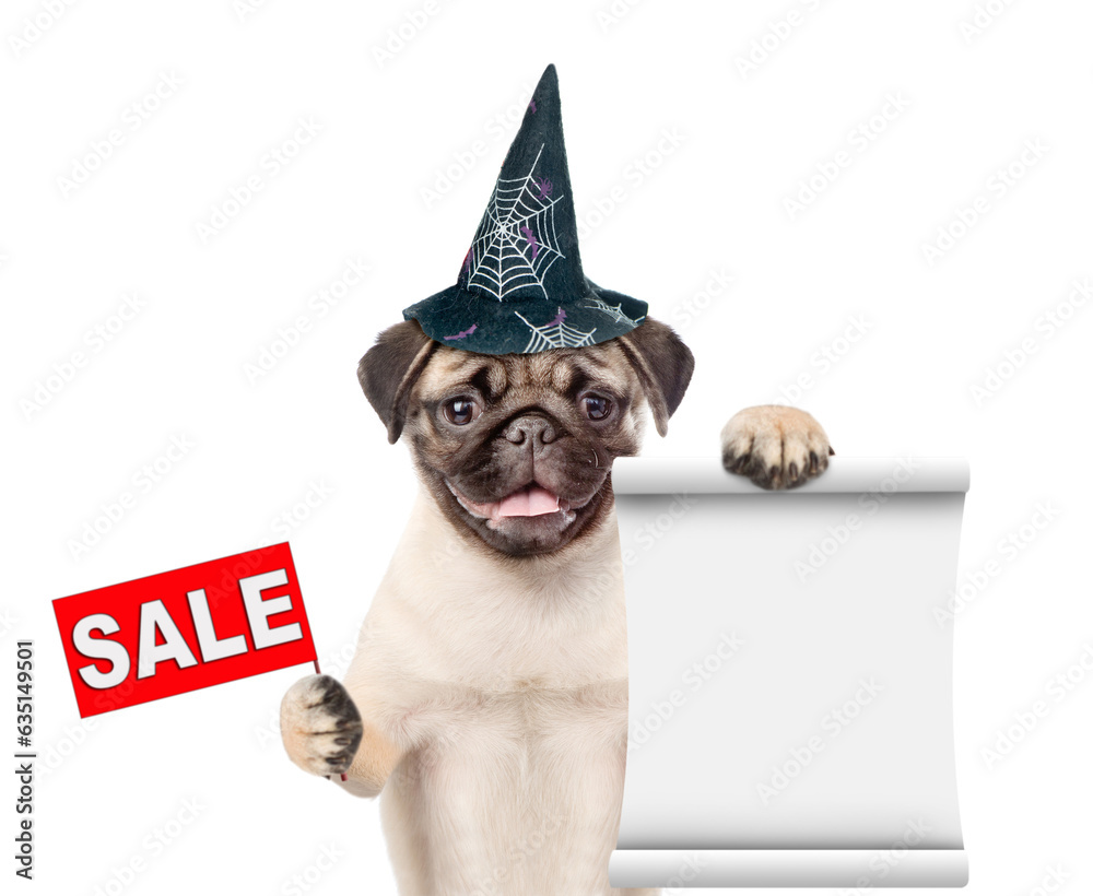 Poster Pug puppy wearing hat for halloween shows empty list and signboard with labeled 