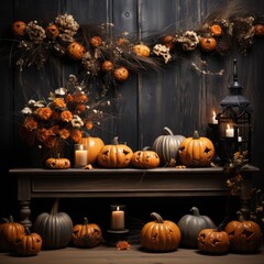 A Halloween studio backdrop set with hay, pumpkins and a decorative in a barn vintage background with leaves