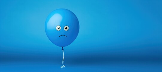 sad face on blue balloon banner with copy space right. Blue Monday concept.