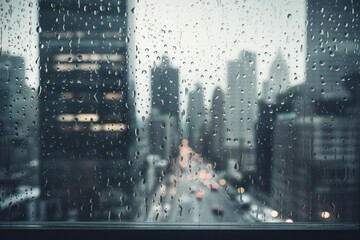 raindrops on window in the office on blue Monday. Rain in the city. Skyscrapers downtown view on rainy weather day