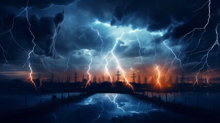 Energy electricity lightnings background. AI generative.