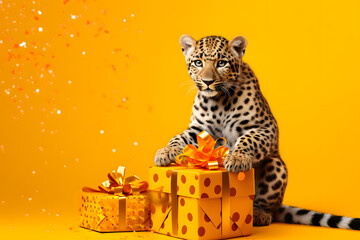 birthday leopard, birthday cake and ornaments