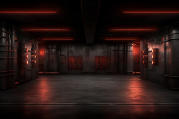 Illuminated futuristic empty warehouse, interior background