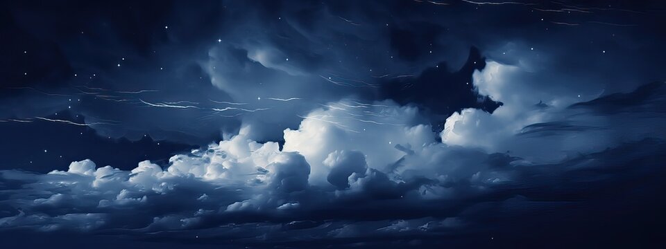 Black dark blue night sky with clouds and stars. A storm is coming, thunder, rain. Lightning flashes. Glow. Dramatic.
