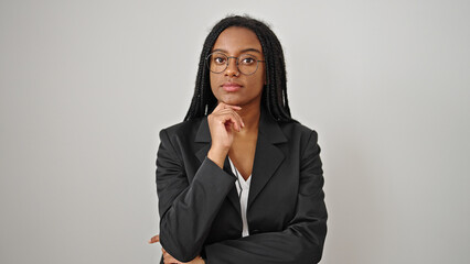 African american woman business worker thinking over isolated white background