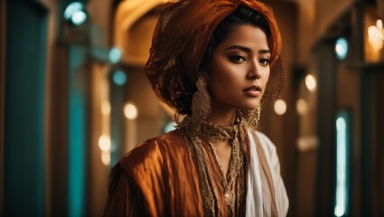 Obraz premium A woman wearing a brown dress and adorned with gold jewelry