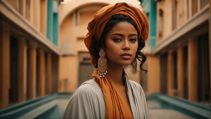 A woman in a turban standing in a hallway