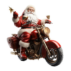 Fototapeta premium Santa Claus riding on a motorcycle 3/4 view in a Holiday-Themed, photorealistic illustration in a PNG, cutout, and isolated. generative AI