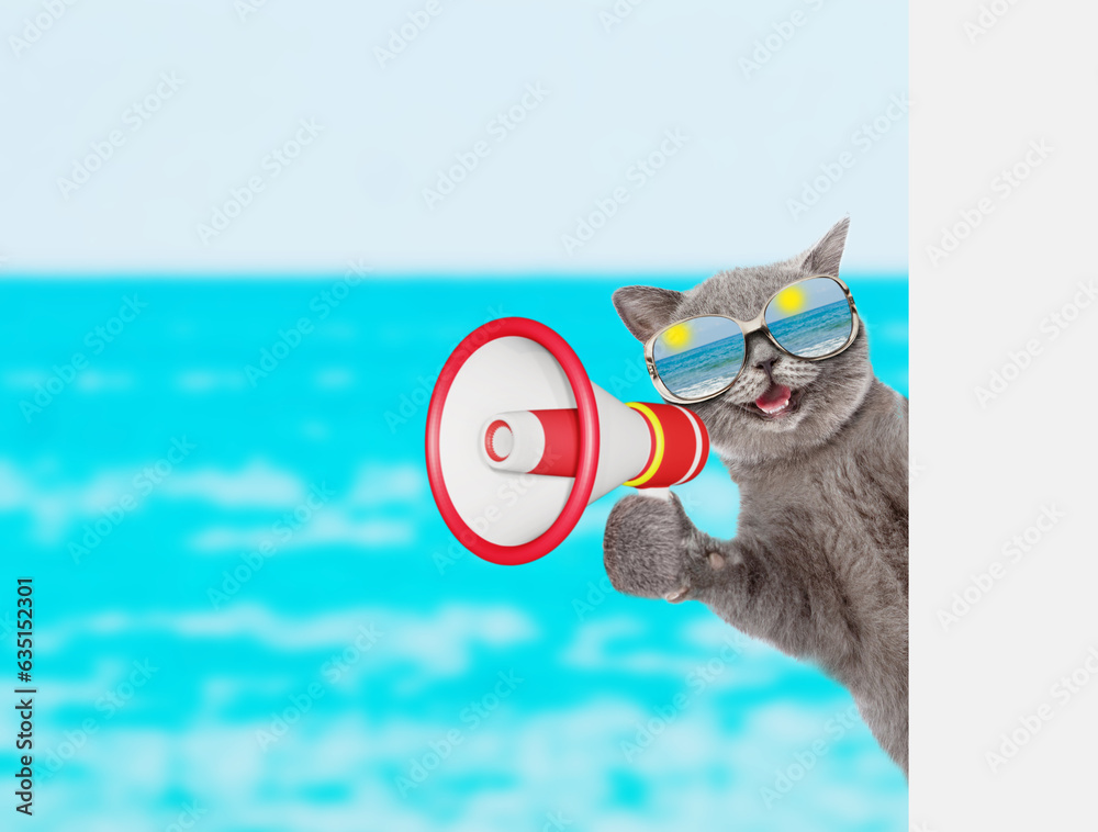 Aufkleber happy cat wearing mirrored sunglasses screams into megaphone and looks from behind empty white banne