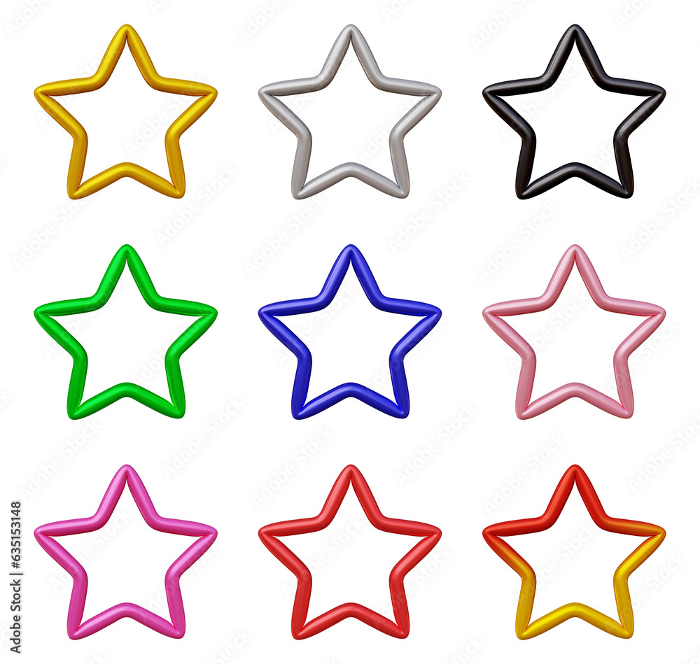 Poster set of star shape icon symbol isolated on transparent background in 3d rendering.