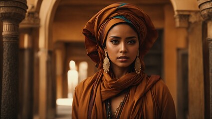 Naklejka premium A woman wearing a brown head scarf and gold earrings