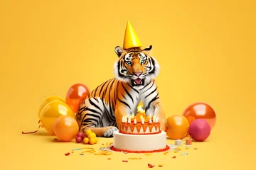 Zelfklevend Fotobehang tiger wearing a birthday hat © IOLA