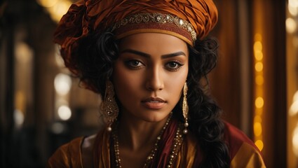 Fototapeta premium A woman with a turban standing in a hallway