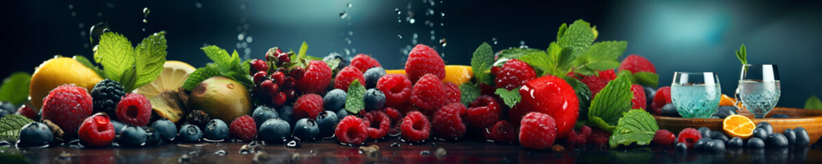 Healthy food diet freshness concept. Fresh multi fruits splashing clean water. Isolated dark background AI generated. - obrazy, fototapety, plakaty
