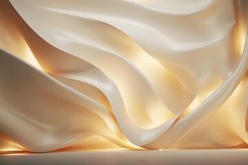 ペーパークラフト風背景。金色の光が注ぐ白い曲線的な壁と床がある抽象的空間。AI生成画像