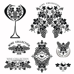 Collection of stencils with inscriptions for wine and winemaking. Black and white design template with grapes, vector clipart.