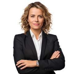 Business woman portrait isolated on white transparent background, businesswoman in suit, crossed arms, PNG
