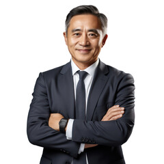 Business man portrait isolated on white transparent background, Asian businessman in suit and tie, crossed arms, PNG