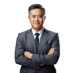 Business man portrait isolated on white transparent background, Asian businessman in suit and tie, crossed arms, PNG