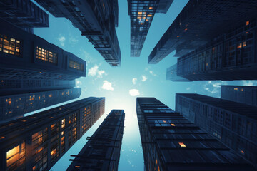 grupo de rascacielos vistos desde abajo en una ciudad moderna y contemporanea, con fondo de cielo azul con nubes, ilustración de ia generativa