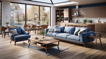 salon moderno con sofa azul y cocina de madera, estancia luminosa y acogedora. Ilustracion de ia generativa