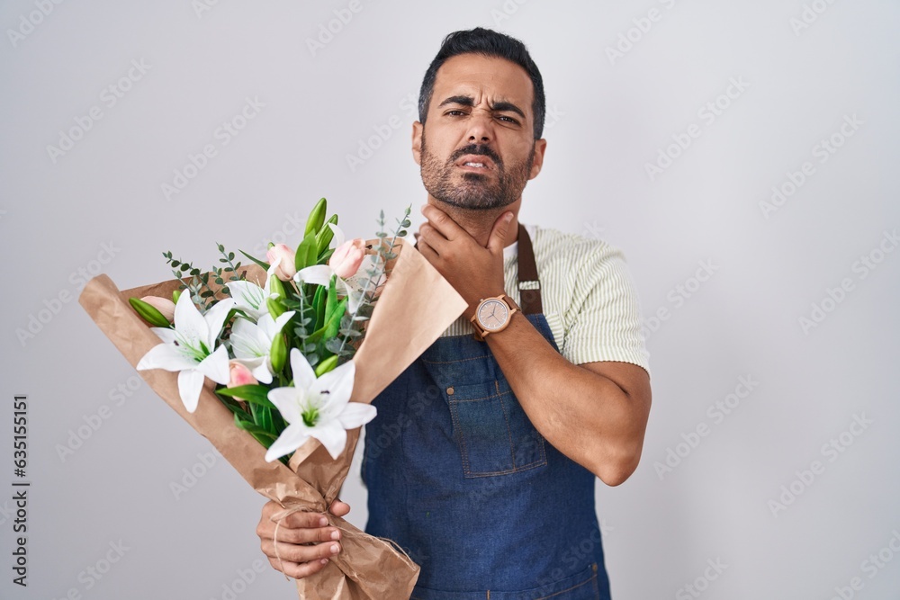 Sticker Hispanic man with beard working as florist touching painful neck, sore throat for flu, clod and infection