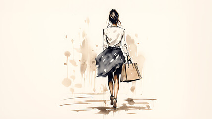 Watercolor painting of shopping woman - obrazy, fototapety, plakaty