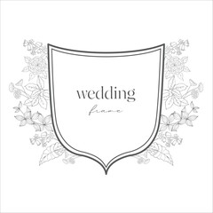 Wedding Crest with Flowers. Line Art Illustration.