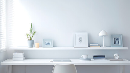 Naklejka na ściany i meble Home office, creative desk with office supplies and white wall. Ai Generative