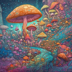 Obraz na płótnie Canvas Magic Mushroom Background. Colorful Neon Psychedelic Mushrooms