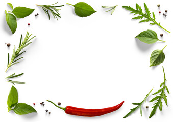 frame / border PNG Food design element. Spices and herbs with real transparent shadow on transparent background. Variety of spices and mediterranean herbs.