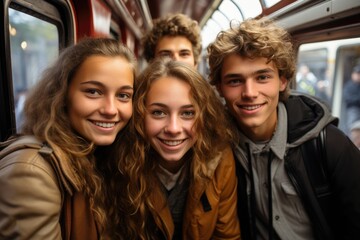 Friends - teen girls and boys, taking selfie picture together in train during joint trip. Happy smiling tourists or students.