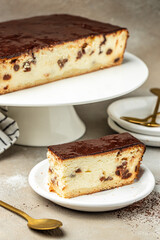 cheesecake, Classic cheesecake slice poured with chocolate sauce, Restaurant menu, dieting, cookbook recipe top view