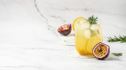 passionfruit margarita cocktail, a drink splash in a light sunny background, Tropical drink for summer party