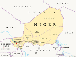 Niger, landlocked country in West Africa, political map with borders, regions, the capital Niamey and largest cities. The Republic of the Niger is a unitary state. Most of its area lies in the Sahara.
