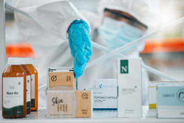 Drugs, pharmacy and disinfection, person in PPE for hygiene and cleaning, safety from bacteria and...