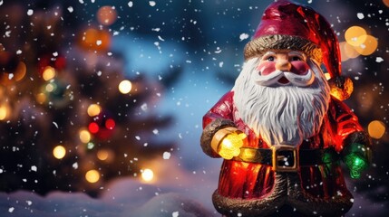 a horizontal layout of Santa Claus in the snow with colorful Christmas lights in a Holiday-themed JPG format. generative ai