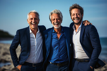 Three old male friends in suits stand hugging on the seashore and smile