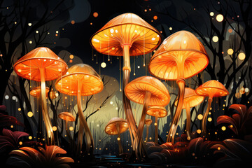 Fantasy forest with mushrooms at night - illustration for childrens books