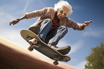 Happy afro american 70 years old riding on a skateboard. Having some fun with her skateboard. 