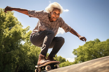 Happy afro american 70 years old riding on a skateboard. Having some fun with her skateboard.