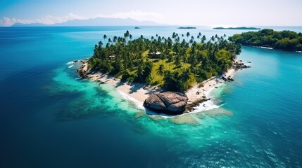 View of the island in the middle of the sea with clear blue water and green palm trees.Aerial view. Panoramic shot
