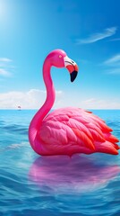 pink flamingo in blue water, summer vacation concept, generative AI