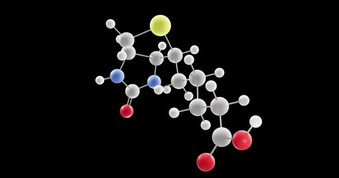 Biotin molecule, rotating 3D model of vitamin b7, looped video with alpha channel