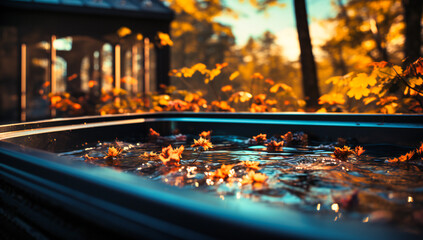 an outdoor hot tub in early fall - obrazy, fototapety, plakaty