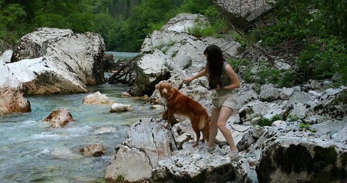 a girl photographs a dog on the background of a mountain river. photographer and Nova Scotia tolling retriever in nature.