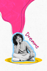 Vertical picture illustration collage of sitting school kid boy sitting dreams imagination imagination fantasy isolated on white background