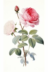 Simple clean botanical illustration of a pink rose blossom and rose buds attached to single-stem on a white background.