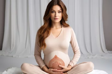 Foto op Canvas A pregnant woman practices yoga on a white background. A woman with a big belly in the lotus position does meditation. Conscious preparation for childbirth. © EvgeniiaFreeman