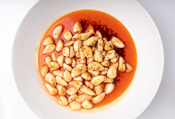 Pickled Garlic, Fermented Garlic Cloves with Red Chili Pepper, Hot Pickle Vegetable, Spices Garlic Cloves